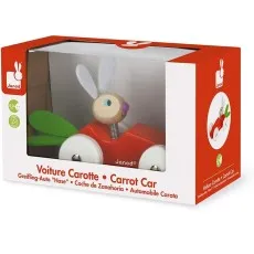 The red and white box for the Janod wooden Carrot Car toy, showing the toy through a clear window