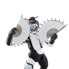 A close-up of a Lady Bullseye action figure holding two white bladed fans with spikes.