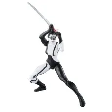 A close-up of the Lady Bullseye action figure, in a black and white costume, posed to strike with a katana sword.