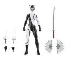 A full shot of the Lady Bullseye action figure, with all her accessories laid out beside her.