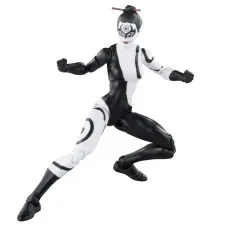 A full-body shot of a Lady Bullseye action figure in a dynamic leaping or kicking pose. The figure is black and white.