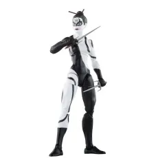 A full-length photo of the Lady Bullseye Marvel Legends action figure, with her body painted in black and white and holding two sais.