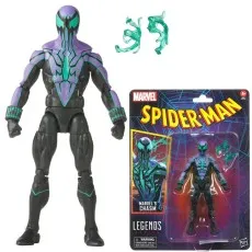 A full-body shot of the Marvel's Chasm action figure in a black, purple, and teal suit, with his package next to him.