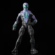 A Marvel Legends Marvel's Chasm action figure, with a black, purple, and teal suit, stands with its arms at its sides.