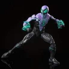 A Marvel Legends Marvel's Chasm toy posed in a low stance with his arms up, showing off his black, purple, and teal-green suit.