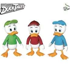 Three DuckTales action figures, Huey, Dewey, and Louie, standing side-by-side on a white background.