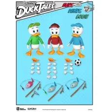 A set of three DuckTales action figures, Huey, Dewey, and Louie, with interchangeable parts and accessories.