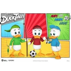 DuckTales figures of Louie with a fishing pole, Huey with a soccer ball, and Dewey with a hammer.