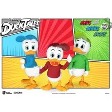 The three duck brothers, Huey, Dewey, and Louie, posed together in their signature colored shirts and hats.
