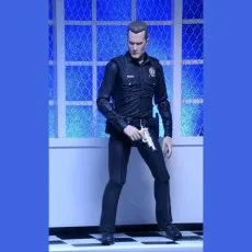 A full shot of a T-1000 action figure from Terminator 2, in a police uniform, holding a silver pistol.