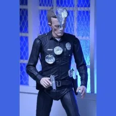 A close-up of a T-1000 action figure with a half-human, half-liquid metal face, holding a pistol.