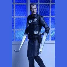 A T-1000 action figure in a police uniform, with both hands transformed into long, metallic blades.