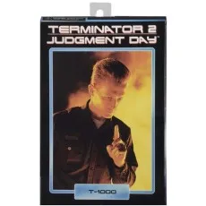 The front of a T-1000 toy box. The box has a picture of the T-1000 character in a police uniform, with fire in the background.