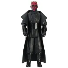 A close-up of the Darth Maul figure from the Star Wars franchise, showing his Sith horns and red face paint.