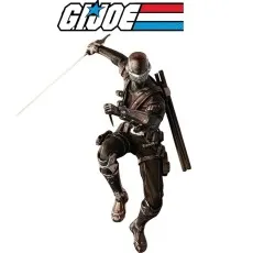Snake Eyes G.I. Joe action figure in a leapingjumping action pose, holding a katana and a combat knife