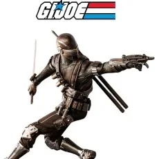 The G.I. Joe character Snake Eyes action figure in a dynamic action pose, holding a katana and a gun