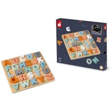 A Janod brand wooden ABC puzzle for ages 2-6, shown with its packaging.