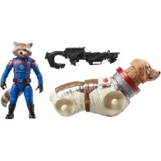 Action figures of Rocket Raccoon, a large blaster, and Cosmo the Spacedog (torso piece)