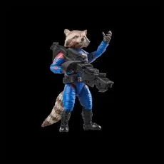 Rocket Raccoon action figure holding a blaster with one arm raised on a black background