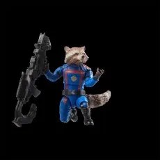 Rocket Raccoon action figure kneeling with a large black gun on a black background
