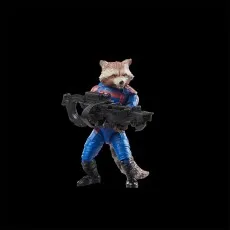 Rocket Raccoon action figure standing and holding a large black blaster on a black background