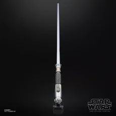 Luke Skywalker lightsaber with white blade and hilt on a stand, on a black background