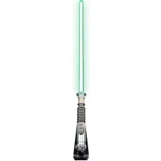 Luke Skywalker's green lightsaber toy with a silver and black hilt, on a white background