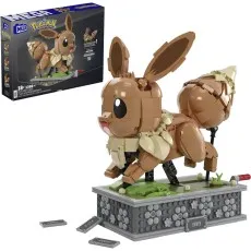 A large, brick-built figure of the Pokémon Eevee with a motion feature, with its box in the top left.