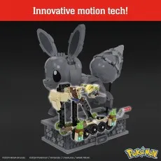 A brick-built Eevee figure in grayscale, highlighting its internal motion mechanism in color.