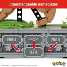 A close-up of the brick-built Eevee figure's base, showing its interchangeable nameplates.