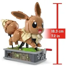 A large, brick-built Eevee figure with a motion feature, showing its height of 18.3 cm or 7.2 inches.