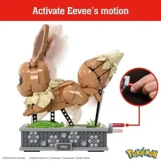 TThe front of the MEGA Pokémon Motion Eevee building set box, showing the completed figure.