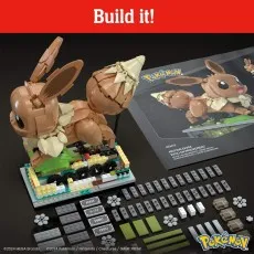 The MEGA Pokémon Eevee building set, showing the completed figure, instructions, and loose bricks.