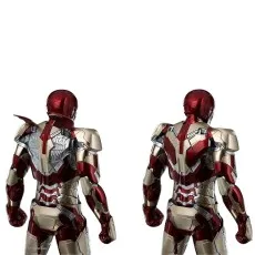 Rear view of two Iron Man Mark 42 or 43 action figures showing removable back armor pieces