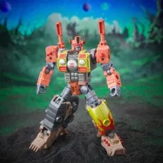 The Transformers Legacy Evolution Crashbar robot figure posed on a dark, alien landscape.