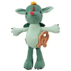 A stuffed dragon with a yellow tuft of hair and pointed ears, clutching a harp.