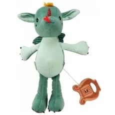 A cute green dragon musical toy with a small red nose and black claws.