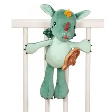 A Janod brand musical dragon crib toy with a pull string harp.