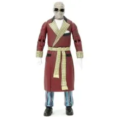 A collectible toy figure of The Invisible Man, dressed in a robe and striped pants
