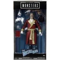 A packaged toy of The Invisible Man wearing a red robe and bandages.