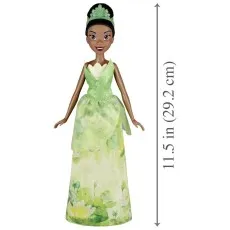 A Tiana doll in a green dress, with a measurement arrow showing its height of 11.5 inches.