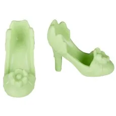 Light green doll shoes with heels and a flower detail.