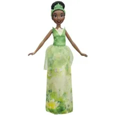 The Disney Princess Tiana doll is posed with arms outstretched and a shimmery green gown.