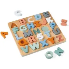 A wooden letter puzzle for children, with colorful, raised letters in a board.