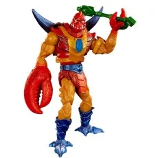 Clawful Masterverse action figure in red and orange armor with blue crab boots, holding a green staff