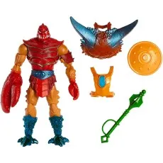 Man-E-Faces action figure in red crab armor, with blueorange crab shell, shield, and staff