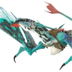 A close-up of a blue and black Ikran action figure's head and wings.