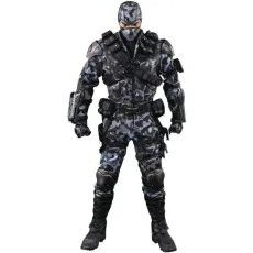 Black and grey urban camo action figure of Snake Eyes from G.I. Joe, fully geared