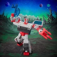 A detailed shot of the Crosscut toy standing with its car doors open, holding two weapons in an action pose.