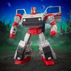The white, red, and silver Crosscut action figure with its car doors open as wings on its back.